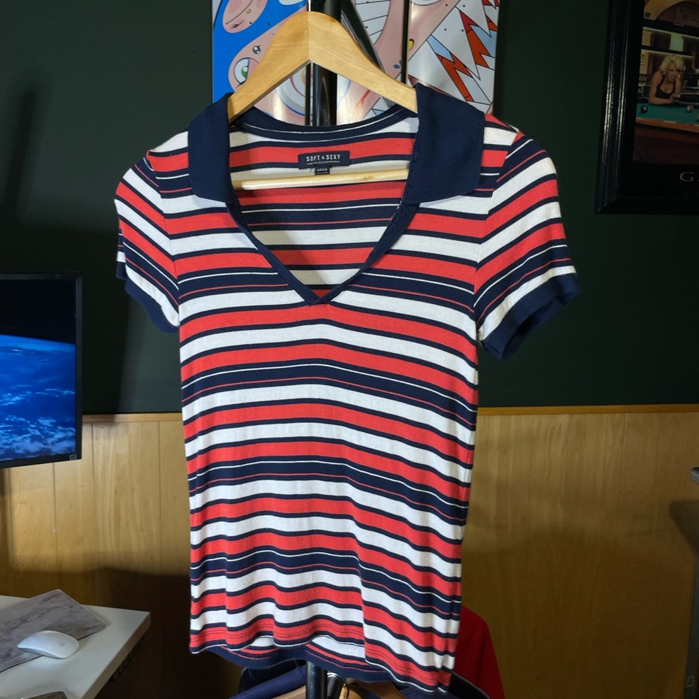 Soft and sexy Short-Sleeve Striped V-Neck Polo Tee - Navy, Red & White